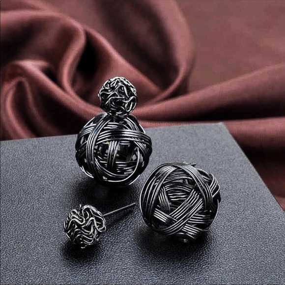 Jewelry - Metallic Black Weaved Double Ball Stud Earrings